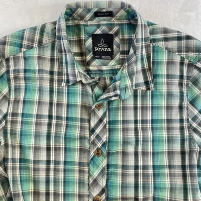 prAna Shirt Sz M Plaid Green Pink Slim Fit Organic Cotton Blend Short Sleeve