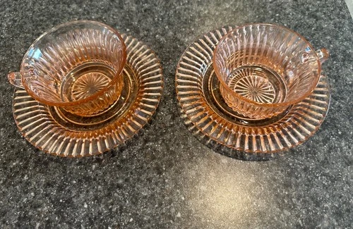 PINK DEPRESSION  2 CUPS /2 SAUCERS  Anchor Hocking  Queen Mary Ribbed