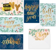 36 Pack Happy New Year Greeting Cards with Envelopes Stickers Gold Foil Green Le