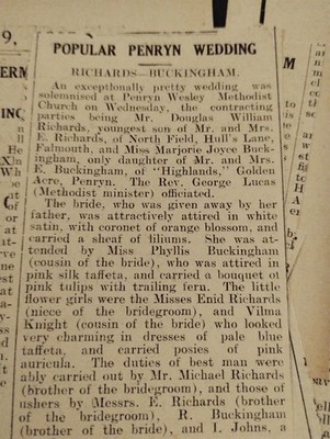 Sk250 Ephemera 1937 Artikel Penryn Hochzeit Douglas Richards Marjorie Buckingham 