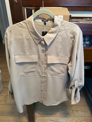Express NWT Women's Large Tan Portofino 2 Pocket Convertible Long Sleeve Blouse