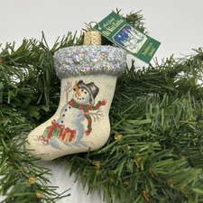 Old World Christmas  Glistening Snowman On Stocking Glass Ornament NOS Rare!