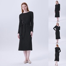 Women's Ribbed Long-Sleeve Belted Dress with Crew Neck and Side Slit