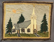 Antique Folk Art Primitive Hooked Rug Landscape w/ Chuch