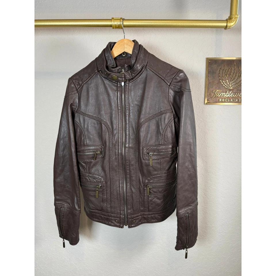Chaqueta de moto de cuero genuino marrón Agua para mujer cremallera frontal con bolsillos M Foto 3 de 4