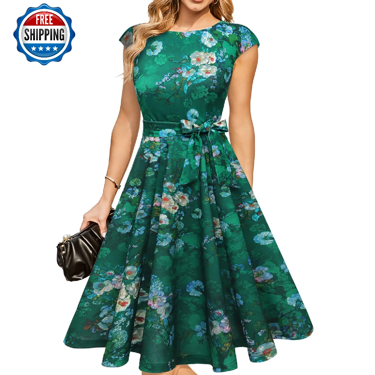 green emerald velvet dress Business Dresses for Women Semi-Formal Fit Casual Slim Short Puff Sleeve  O-Neck Elegant Swing A Line Maxi Dresses at Amazon Women's Clothing store
