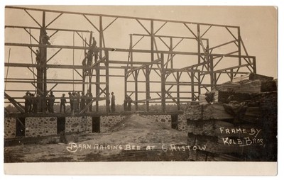 Real Photo Postcard RPPC Men Barn Raising Bee At G. Ristow Unposted Wisconsin?