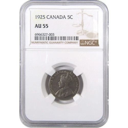 1925 George V Five Cent Piece AU 55 NGC Nickel 5c Coin SKU:CPC0232