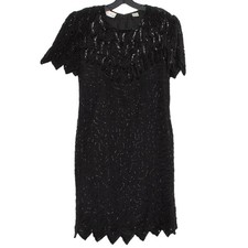 Vintage Laurence Kazar Dress Flapper Gatsby 20s Beaded Sequin Formal Black Large