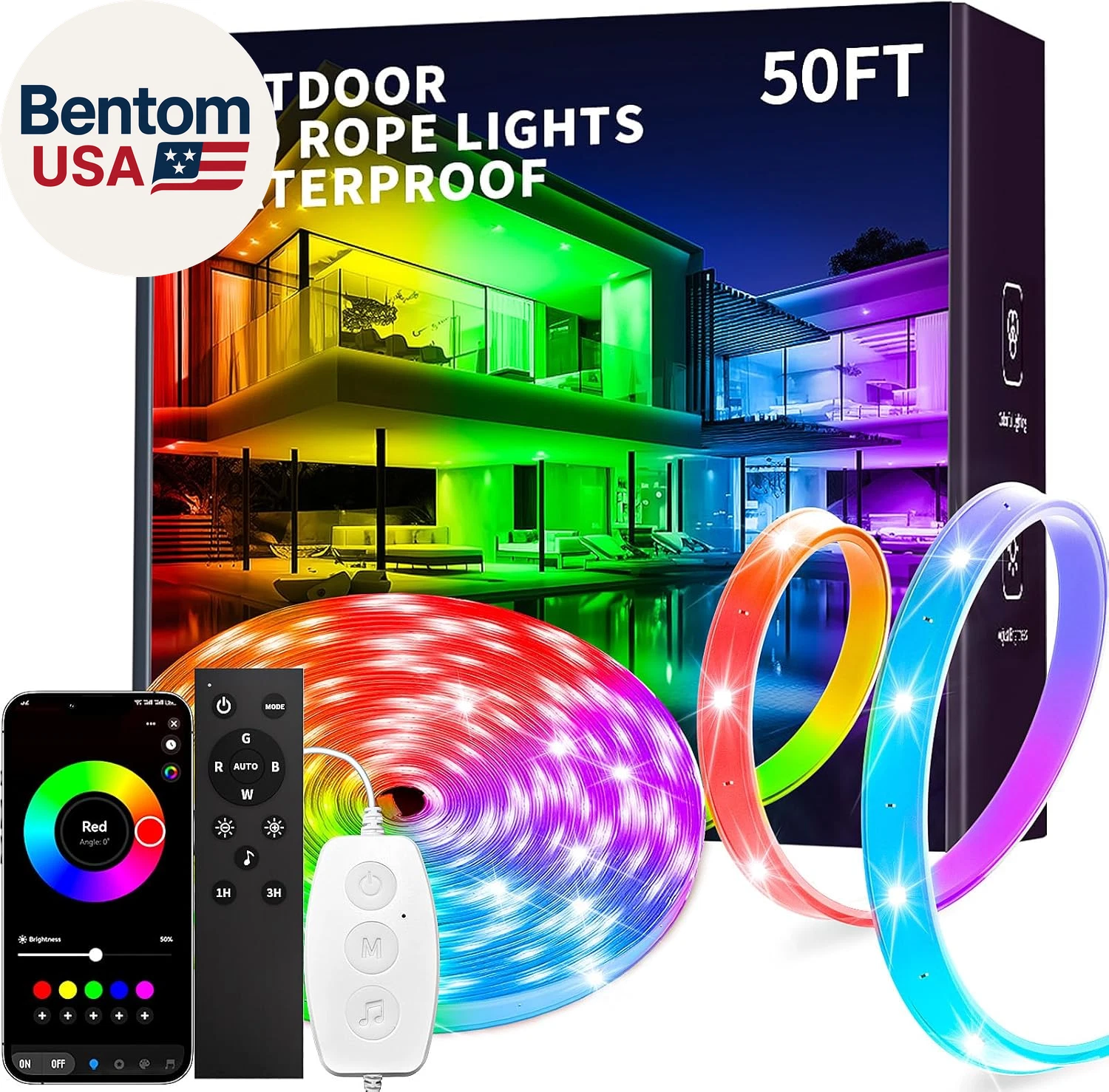 50Ft Outdoor Led Strip Lights Waterproof IP68, RGB Outdoor Led Lights with Butto