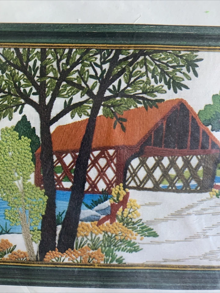 Covered Bridge in Summer Vintage Linen Crewel Kit Caron NIP 12x9 - Image 4 of 4