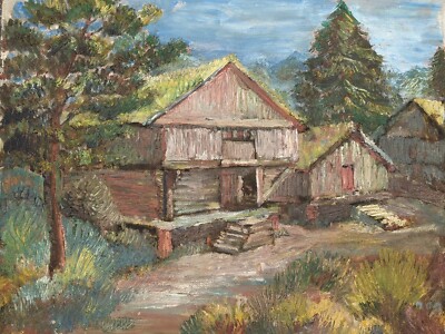 Vintage Original Ölgemälde auf Karton von Mark G Mitchell Old Norwegian House