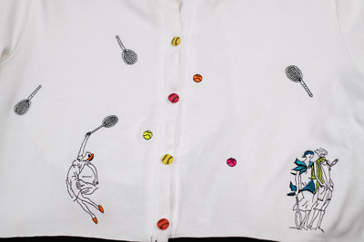 Vtg Rare Christina Rotelli Cardigan Womens L Tennis Embroidered Cotton Stripes