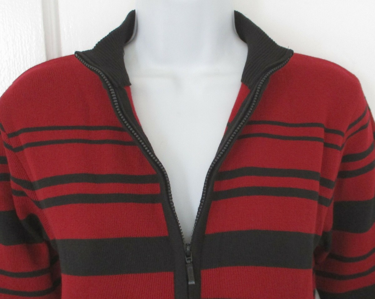 Black & Red Striped Sweater Sz M Full Front Zipper 100% Acrylic