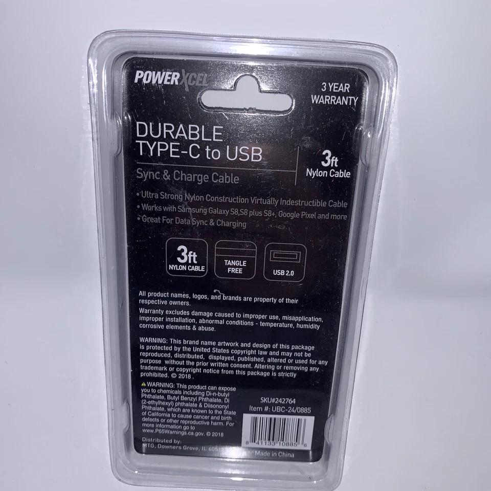 POWERXCEL DURABLE TYPE-C to USB 3ft Nylon Cable Sync/Charge - Image 2 of 2