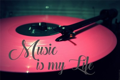 Autocollant Mural "Music Is My Life" 3 FT (90 Cm) - Design Disque Vinyle Rose, Neuf