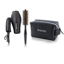 BROCCHI - Boar Hair Styling Round Brush, Mini Travel Size Hair Dryer, and Wa...