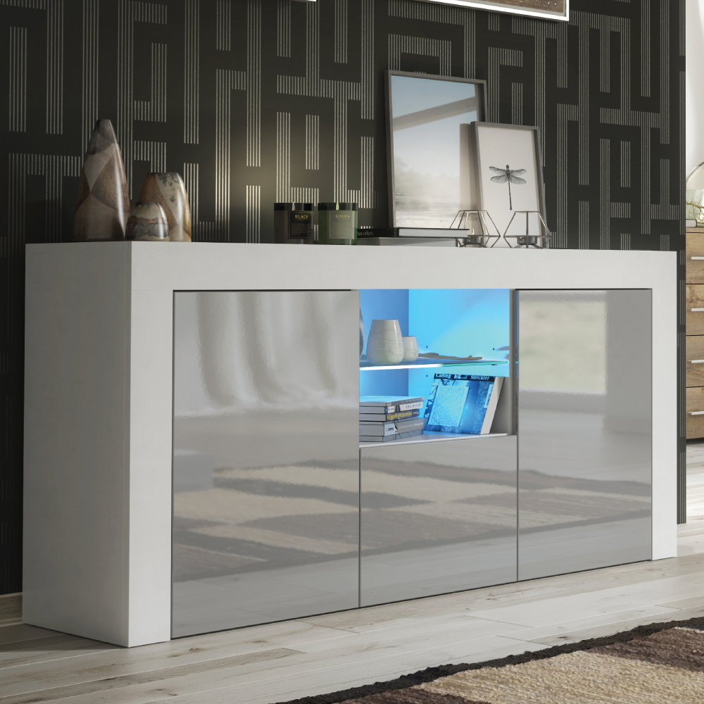 Sideboard 145cm | TV Unit | White Stand | Grey Gloss Doors | Free LED ⭐⭐⭐⭐⭐