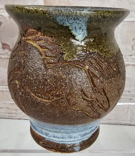 VTG Studio Art Pottery Vase Stoneware Southwest Glazed Signed Dated Horses