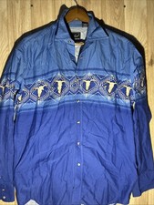 Vintage ROPER Blue Long Sleeve Pearl Snap Western Rodeo Bulls Print Mens Medium