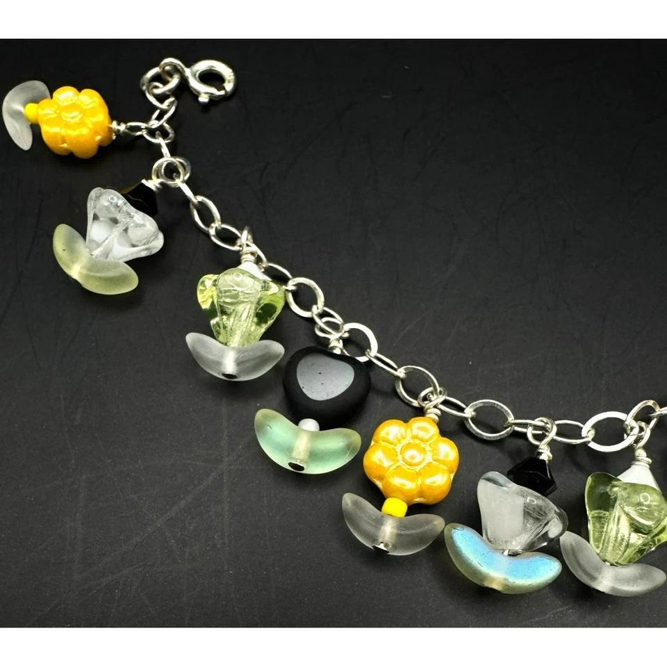 Colar de berloque de flor de contas de vidro de urânio prata esterlina - Imagem 3 de 4