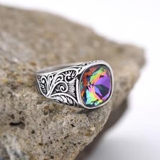 Men’s Ring Stainless Steel Silver Color M Colorful Gemstone Square Shape Stylist