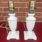 Pair of Vintage White Milk Glass Hobnail Boudoir Dresser Table Lamps Brass