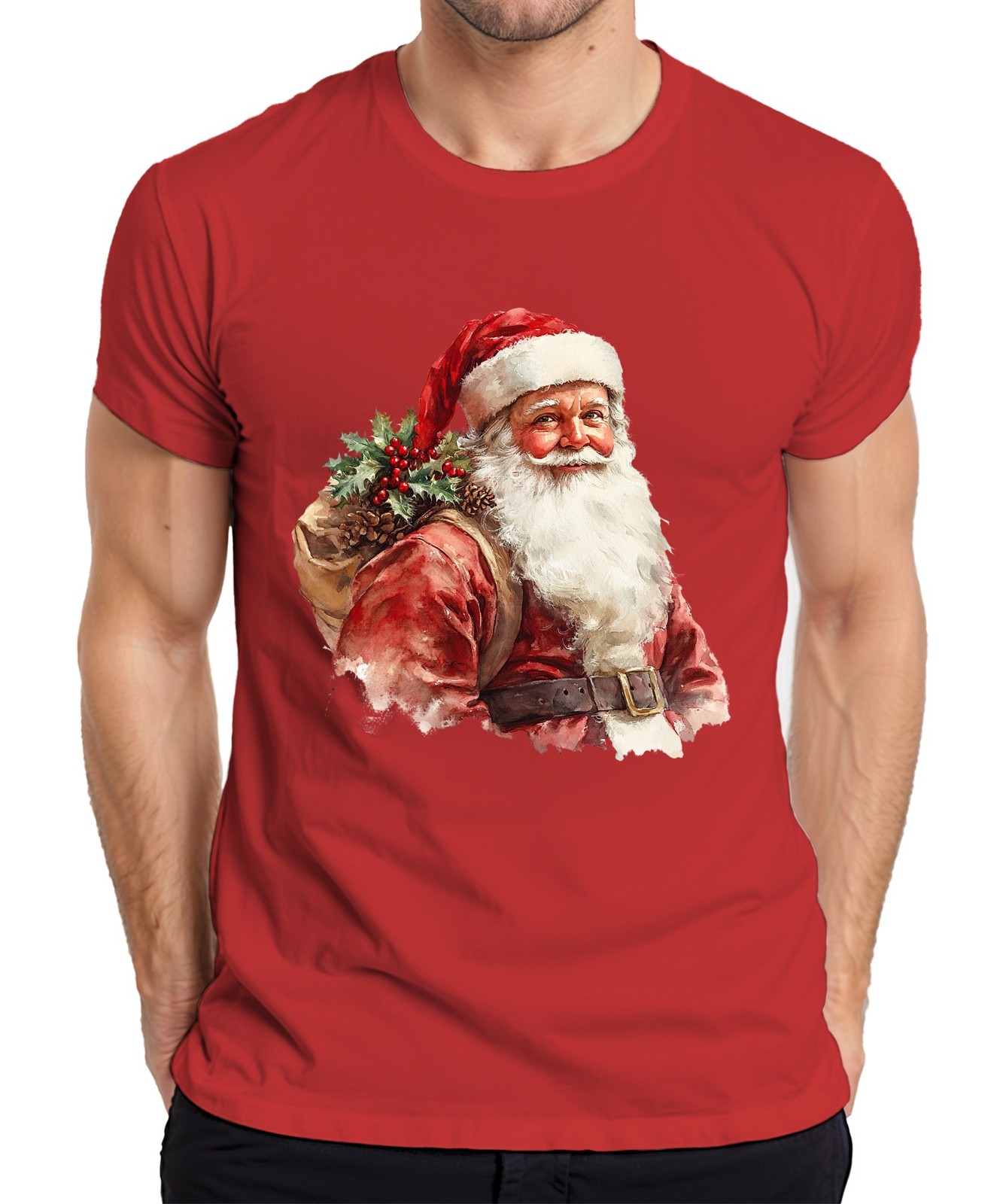 Santa Claus Sack Holly Pine Cone Beard Gift Vintage Mens T-Shirt