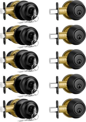 Door Lock Set 5 Pack Matte Black Deadbolt Keyed Alike Plustool Front Exterior