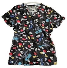 Disney Mickey Mouse "It All Started With A Mouse" Scrub Top Large Black With Red