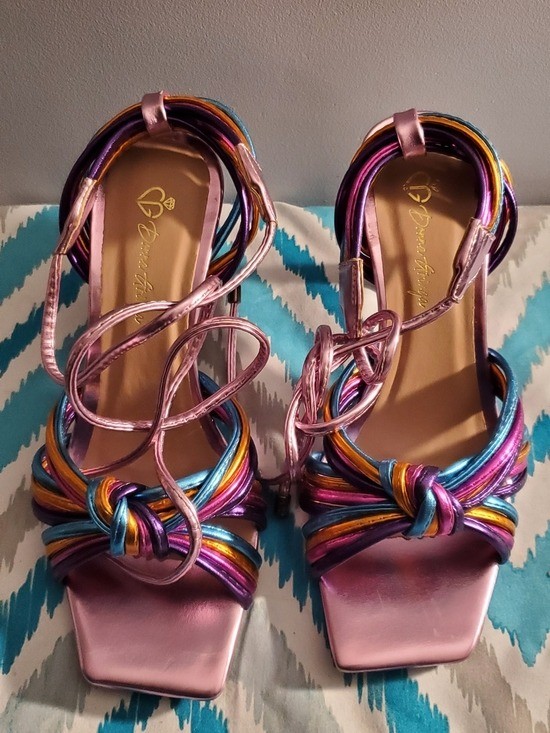 Metallic Pink Multicolor Knot Heeled Sandals