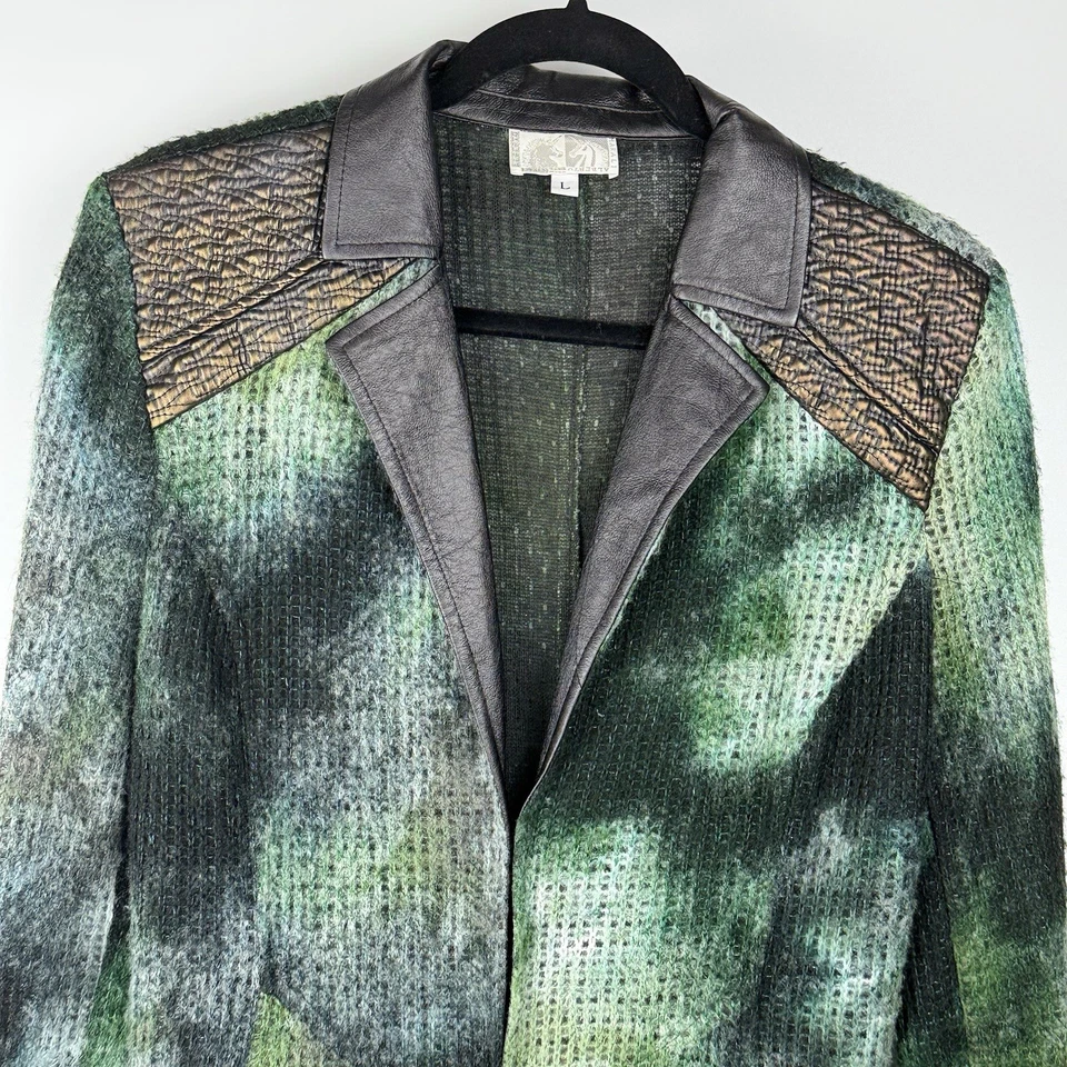 Alberto Makali Cardigan Duster L Green Black w/Quilted Faux Leather Trim Vtg - Image 2 of 4