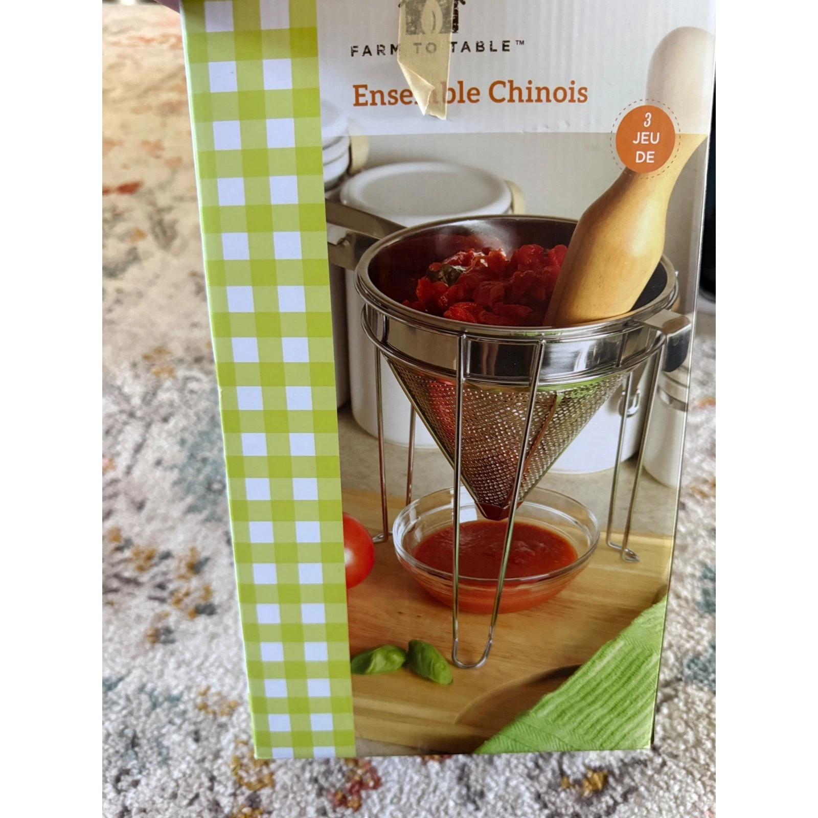 Farm To Table 3 Piece Chinois Set Stainless Steel Strainer Stand Wood Pestle NEW