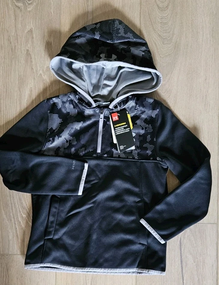 Boys Hooded Jacket, Underarmour Storm Cold Gear Fleece Lined, Black, Youth Small