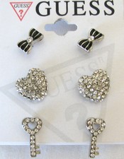 NEW SET OF 3 GUESS SILVER TONE BOW+HEART+KEY CRYSTAL RHINESTONE STUD EARRINGS