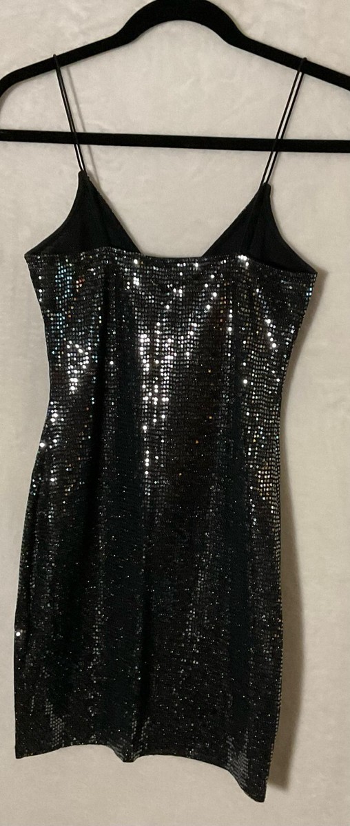 womens sequins mini dress medium m black shiny Sexy Plunge V Neck xs