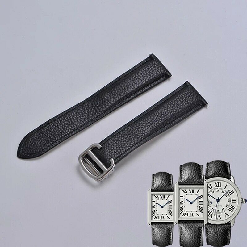 Black Leather Watch Strap Replacement 17.5MM Watchband For CARTIER