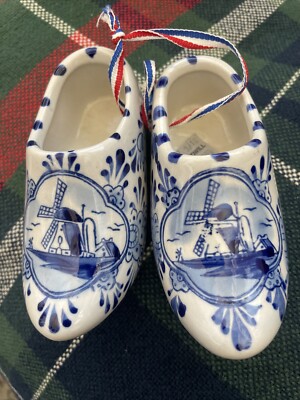 Vintage Pair Hand Painted Blue Delftware Clog Shoe Holland Dutch Floral Windmill