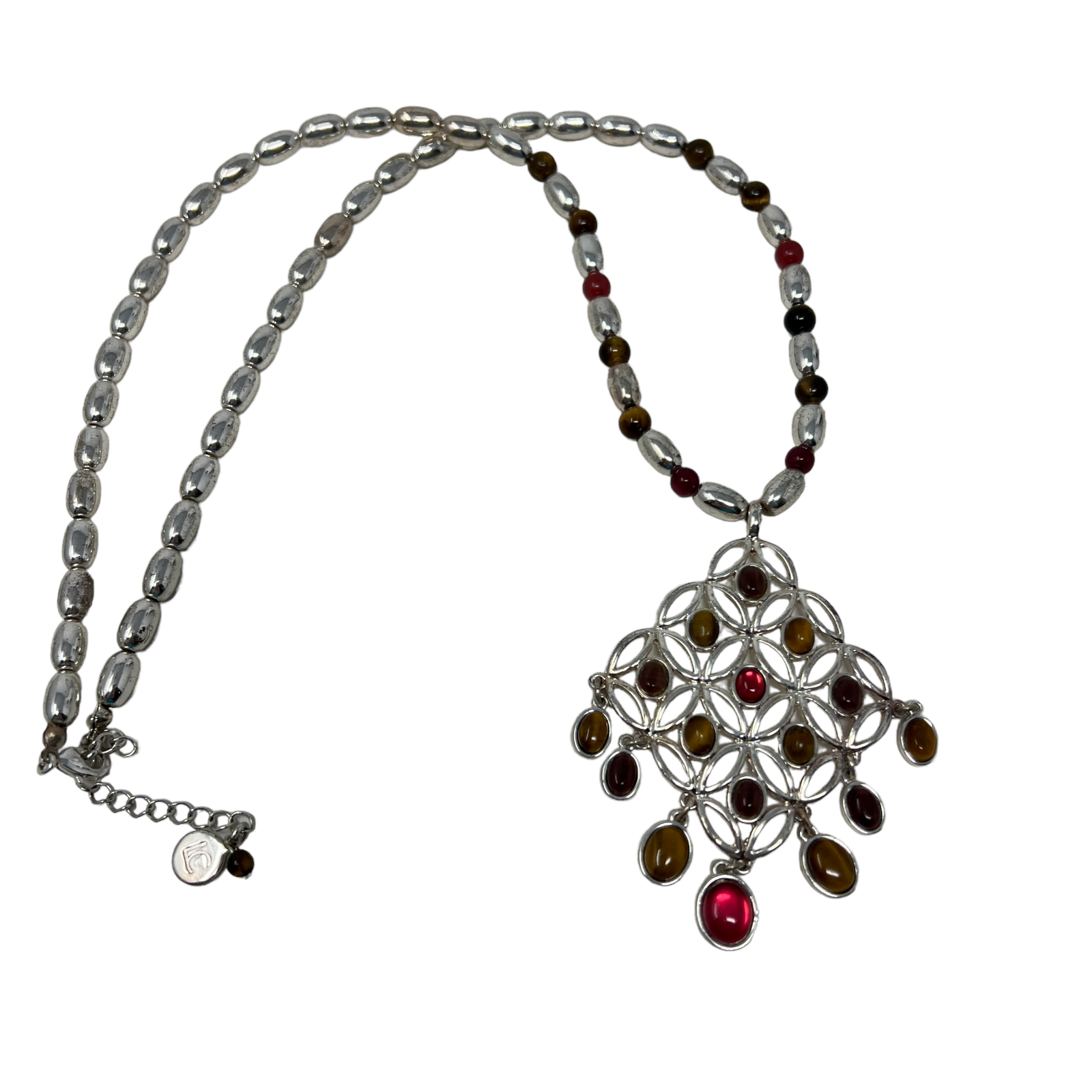 Liz Claiborne Necklace Silver Tone Beads Faux Tiger Eye Red Stone