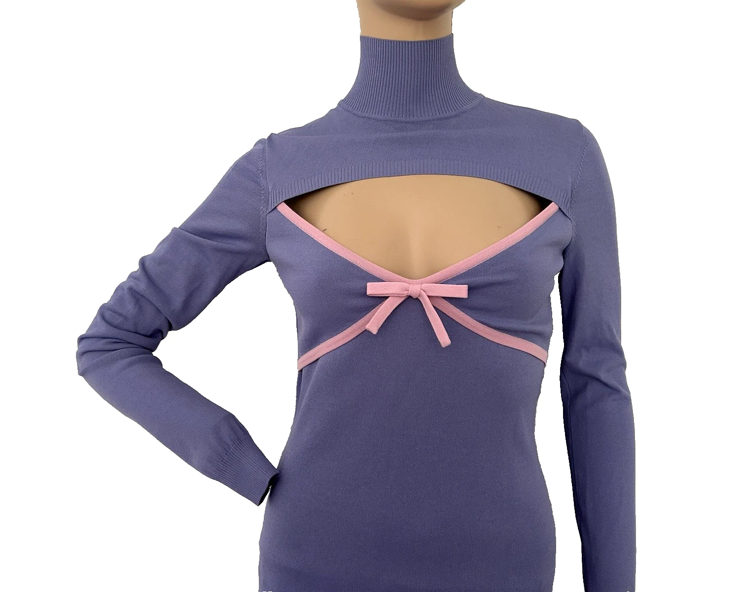 MOSCHINO JEANS mini abito rosa lilla ritagliato manica lunga UK 8 US 6 IT 40 NUOVO