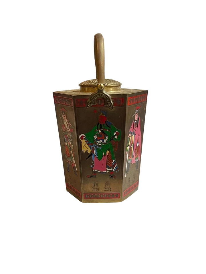 Винтажный Шестиугольный ЛАТУННЫЙ ЧАЙНИК Эмалированные Азиатские Фигурки Рельефная Крышка РЕДКИЙ ТРУДНО НАЙТИ - Изображение 4 из 4