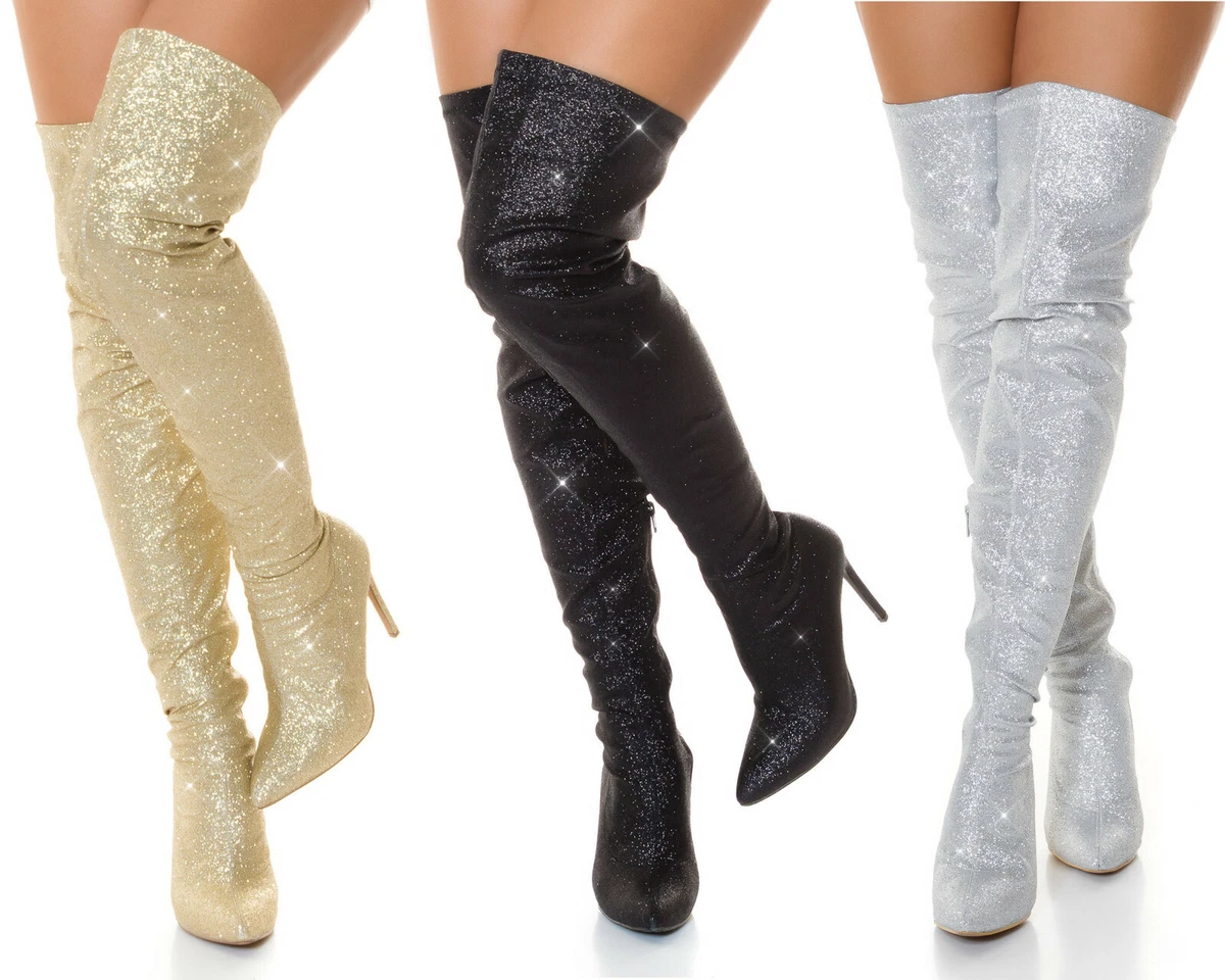 Women s Knee Glitter Boots Thigh Heel Stiletto Party Evening New