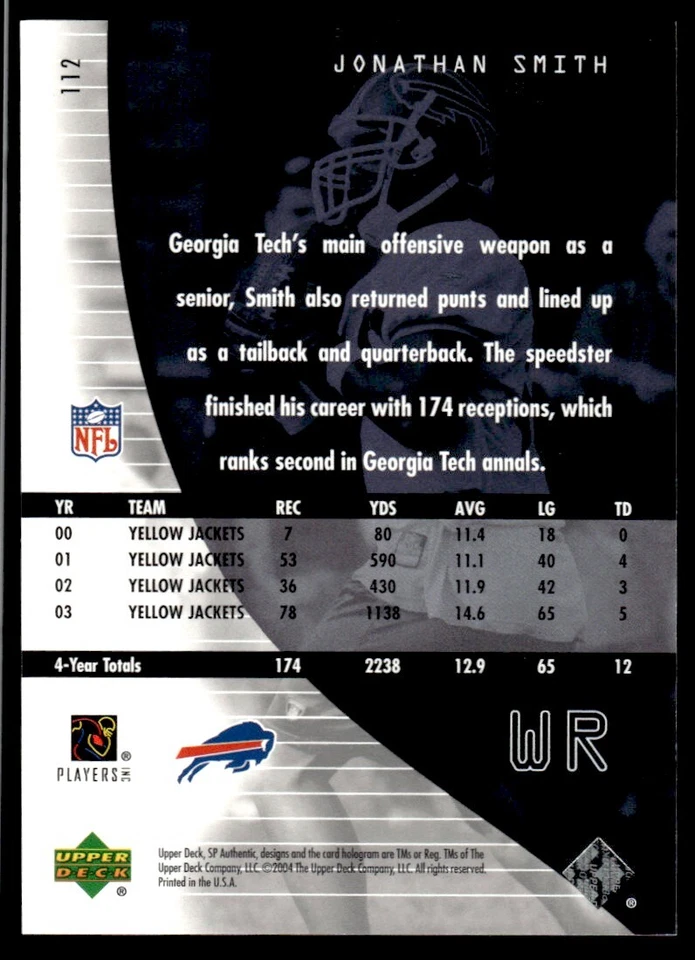 2004 SP Authentic Jonathan Smith Rookie 0056/1199 Buffalo Bills #112 R93 - Image 2 of 2