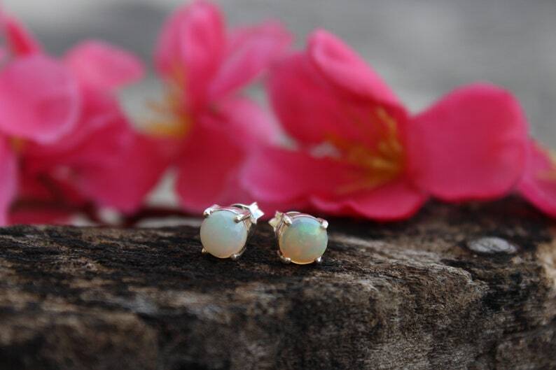 Natural White Opal Gemstone Handmade Stud Earrings 925 Sterling Silver Earrings