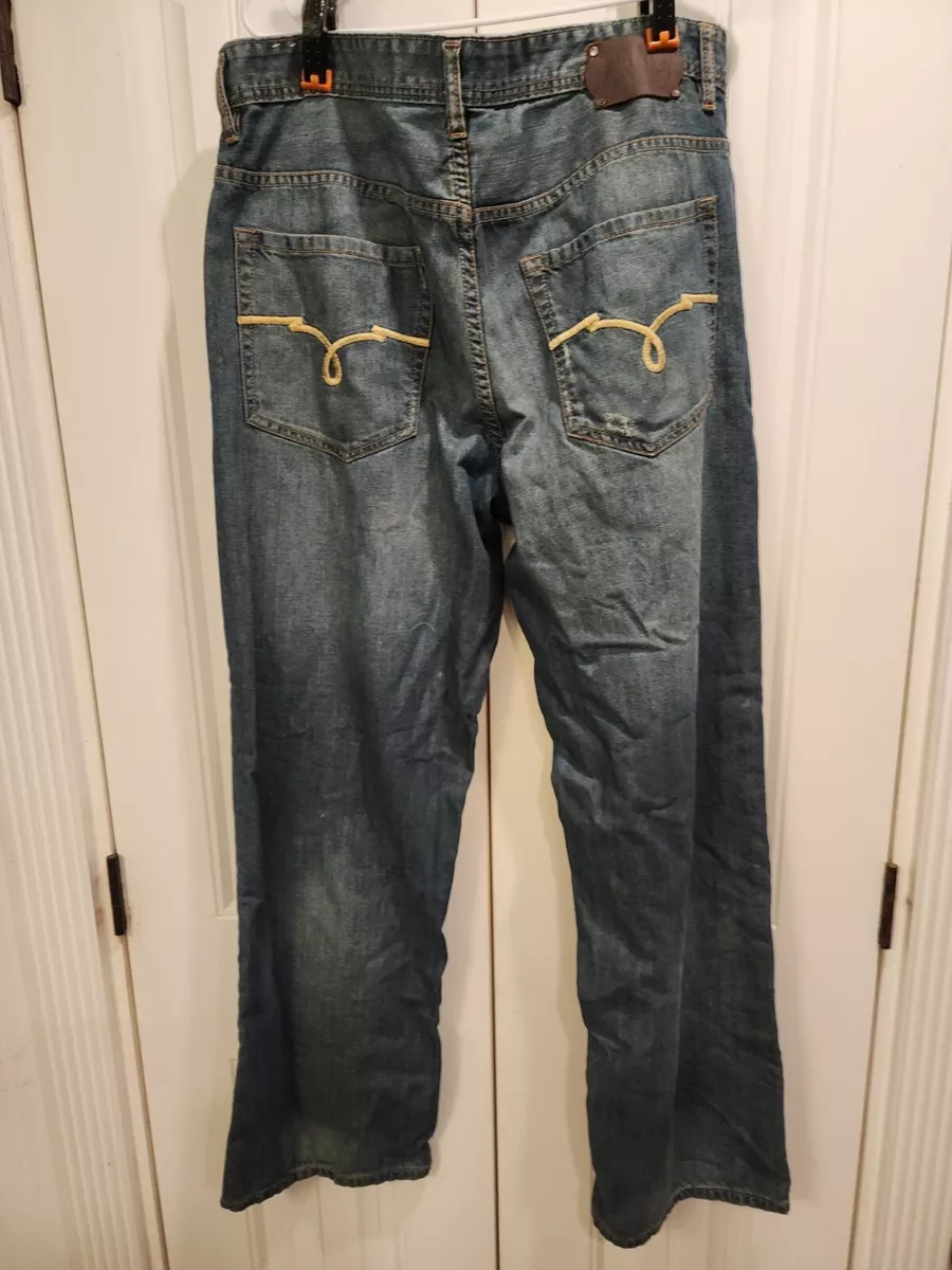 Y2K Ecko Jeans Mens 36x32 Baggy Loose Skater Hip hop Leather Patch