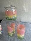 Vintage Federal Glass pink daisy Lidded Jar with  Glasses Set