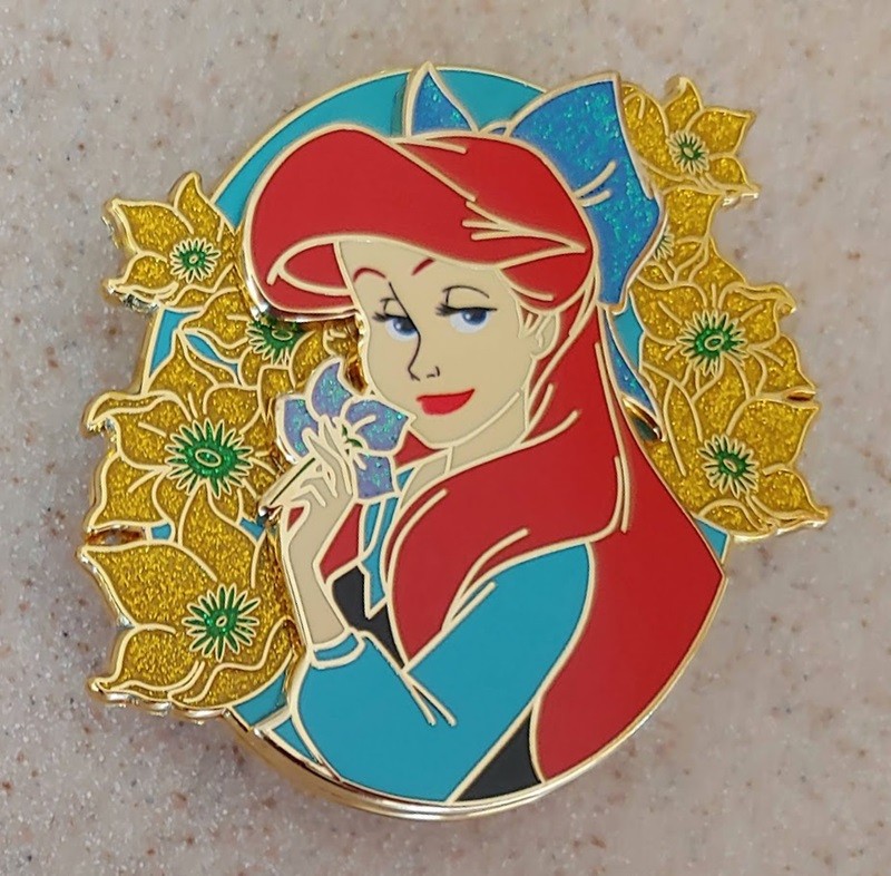 Fantasy Pin Disney Ariel with Blue bow and golden glitter flowers posing LE150