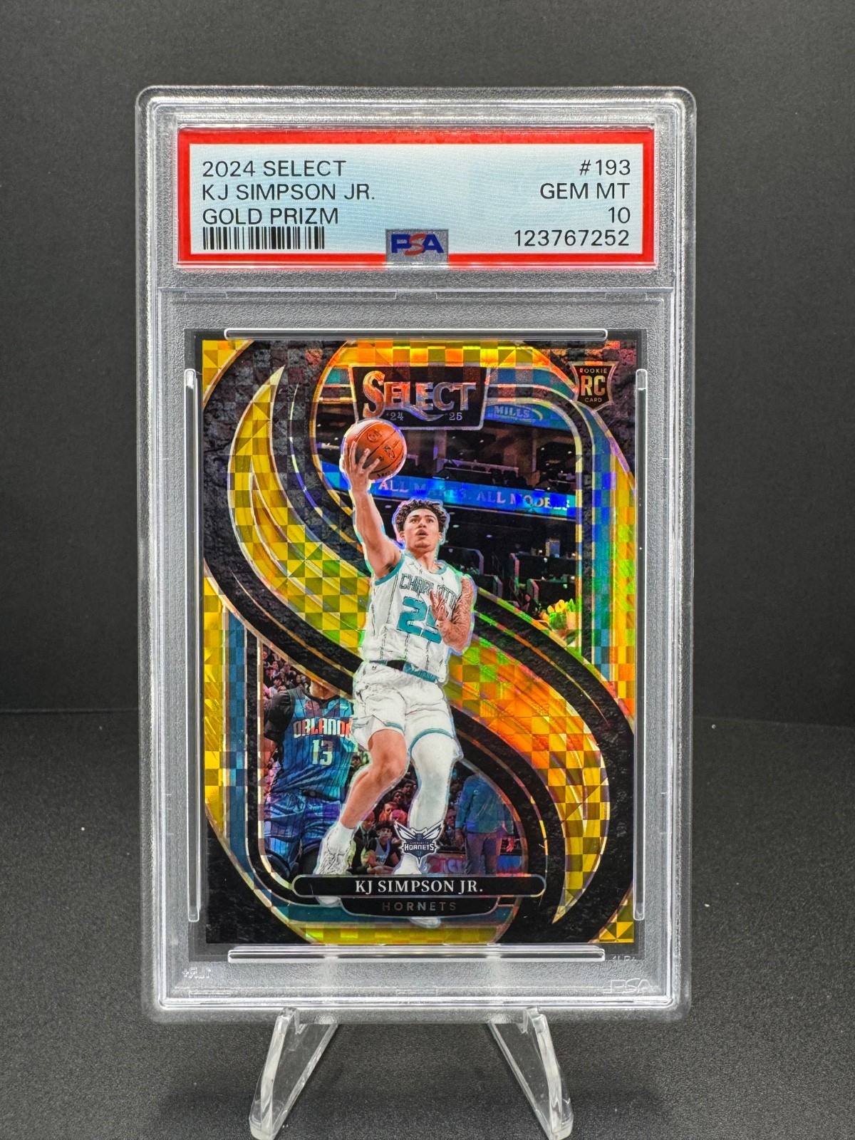 2024-25 Select KJ Simpson Jr. RC Premier Gold Prizm /10 PSA 10 Hornets Rookie