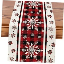 Snowflakes Christmas Table Runner, Buffalo Plaid Xmas 13" x 72" Red Snowflake