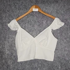 A New Day Women Top White Flutter Sleeve Crop V Neck Smocked Back Size M Cottage
